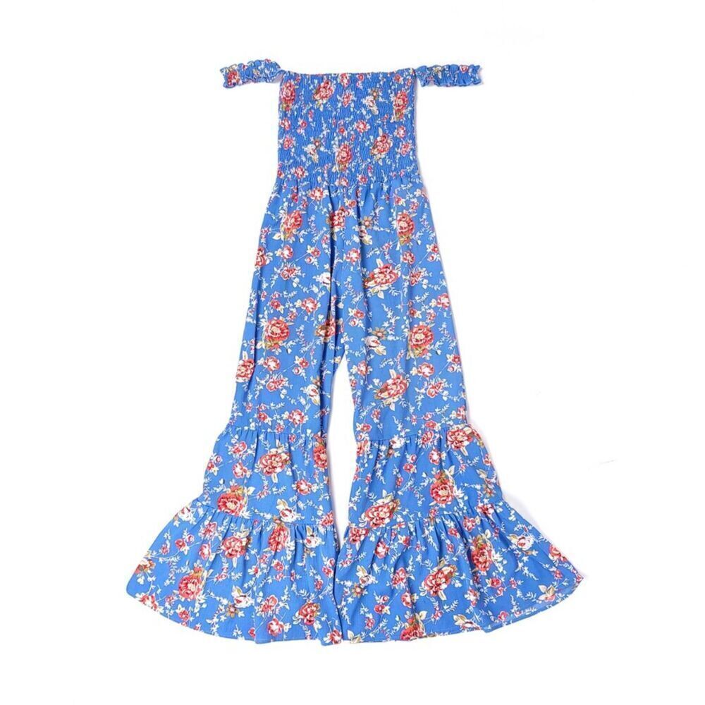 NEW Umgee Smocked Bell Bottom Flare Wide leg Jumpsuit Cottage Blue Floral Small